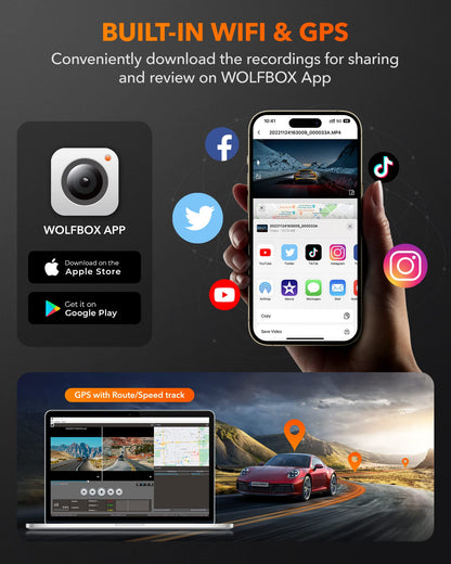 i05 | WOLFBOX Dash Cam Front and Rear, 4K Dash Cam with GPS WiFi UHD 2160P/1600P + 1080P camera WOLFBOX   